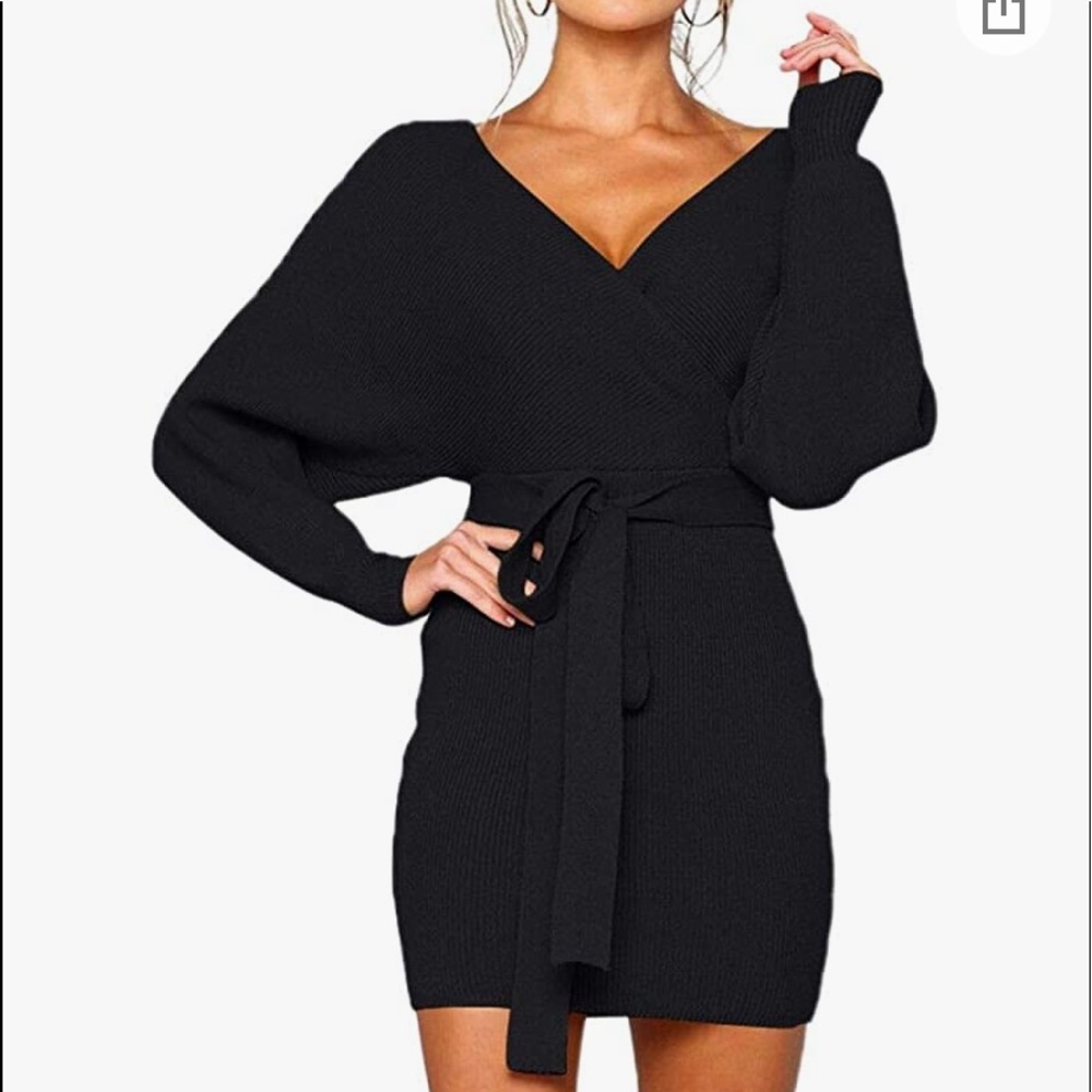 Zonsaoja Women's Sweater Dress V Neck Long Sleeve Backless Wrap Mini M NWT